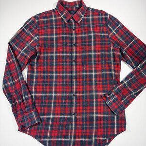 Zara Men's Plaid Flannel Button Down Red Shirt Slim Fit Long Sleeve -Size Medium
